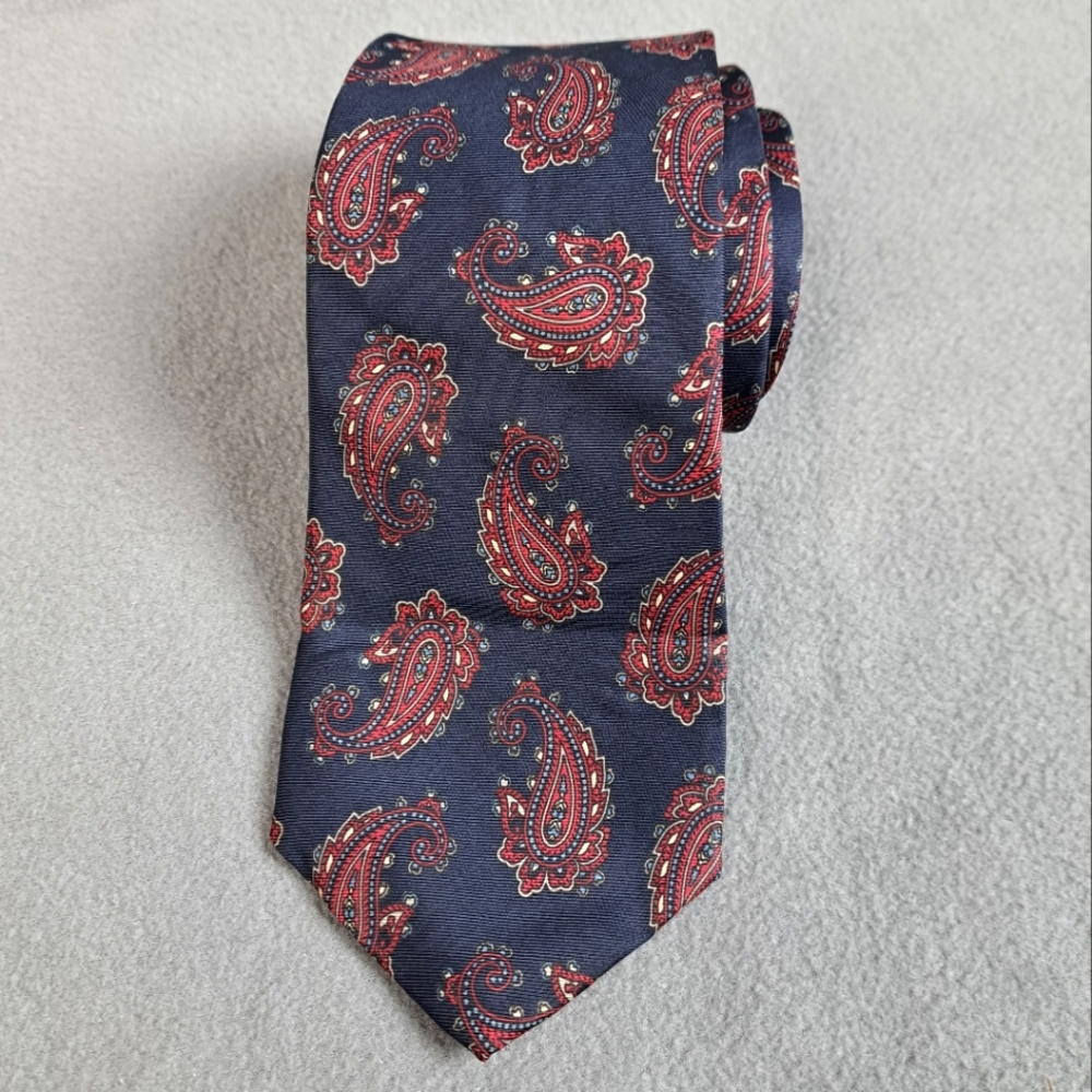 Christian Dior Silk Neck Tie Paisley Made in USA Navy Red Adult Italian Woven